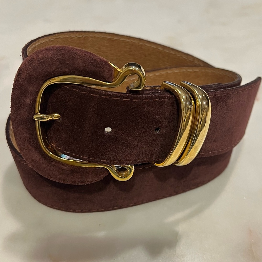 Vintage Enrico International Burgundy Suede Belt with Gold Buckle – Size S/M - Picture 1 of 5